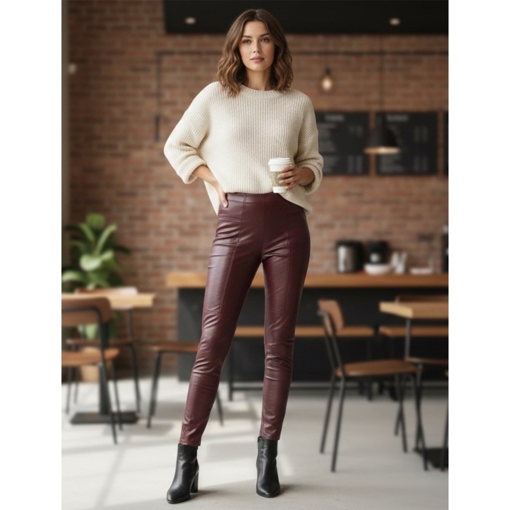 🔥Spanx booty boost Vegan Leather 🖤Moto Grunge Leggings‎ Pants Wine Red  Small